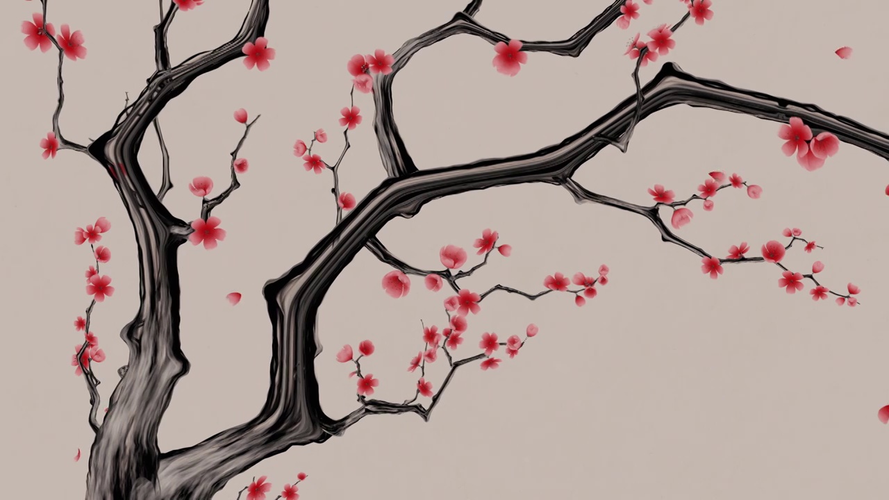 中国风水墨风格梅花与飘落的花瓣视频素材画面2