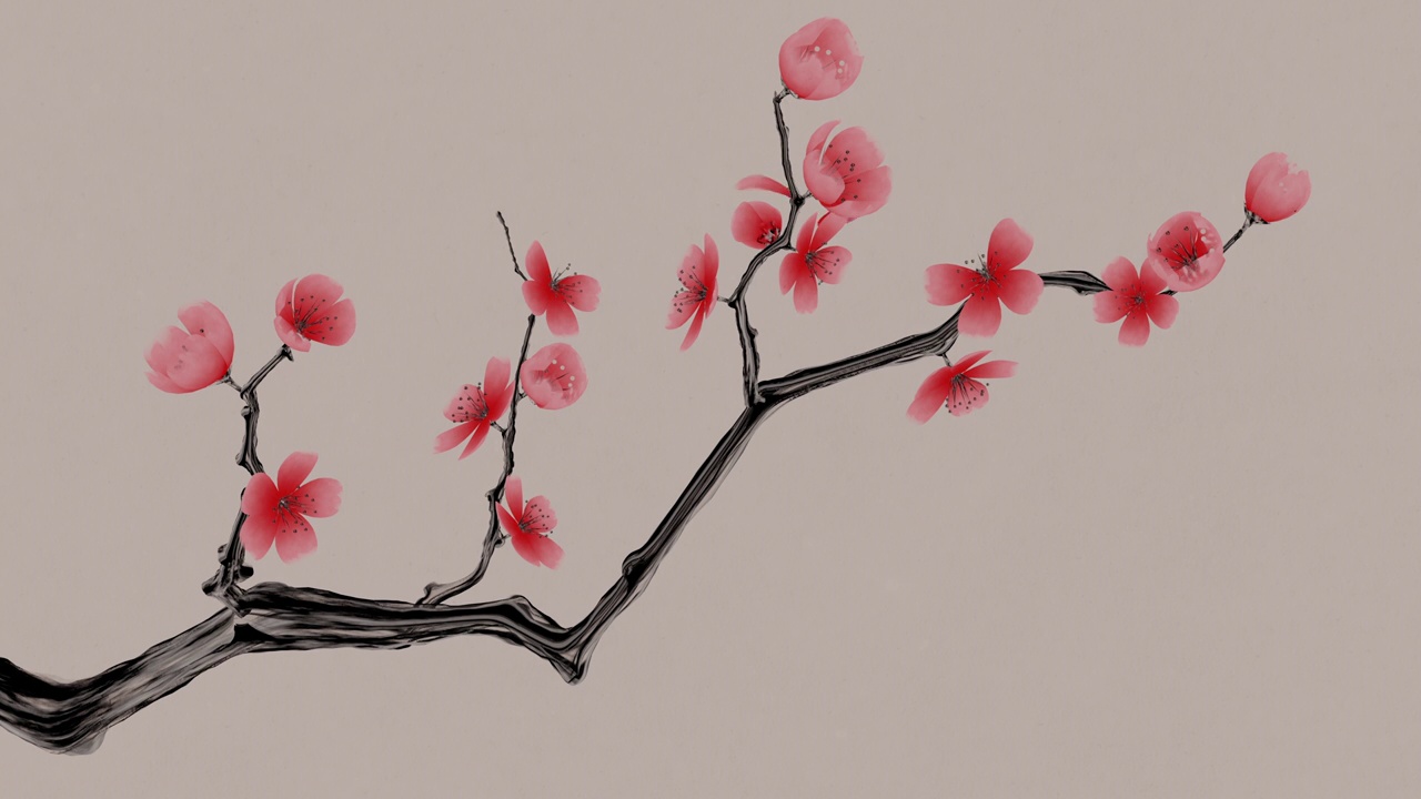 中国风水墨风格梅花与飘落的花瓣视频素材画面1
