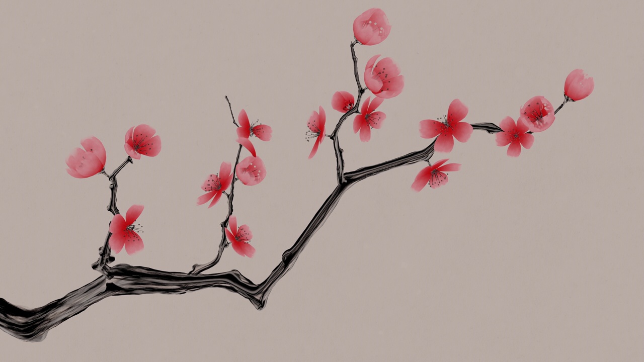 中国风水墨风格梅花与飘落的花瓣视频素材画面2