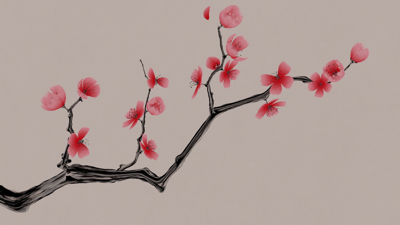 中国风水墨风格梅花与飘落的花瓣视频素材画面3