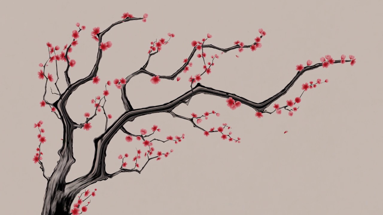 中国风水墨风格梅花与飘落的花瓣视频素材画面1