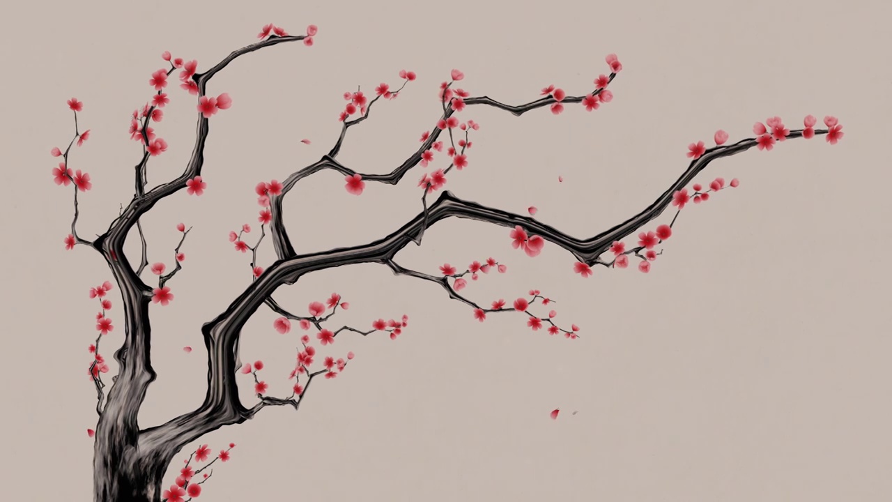 中国风水墨风格梅花与飘落的花瓣视频素材画面2