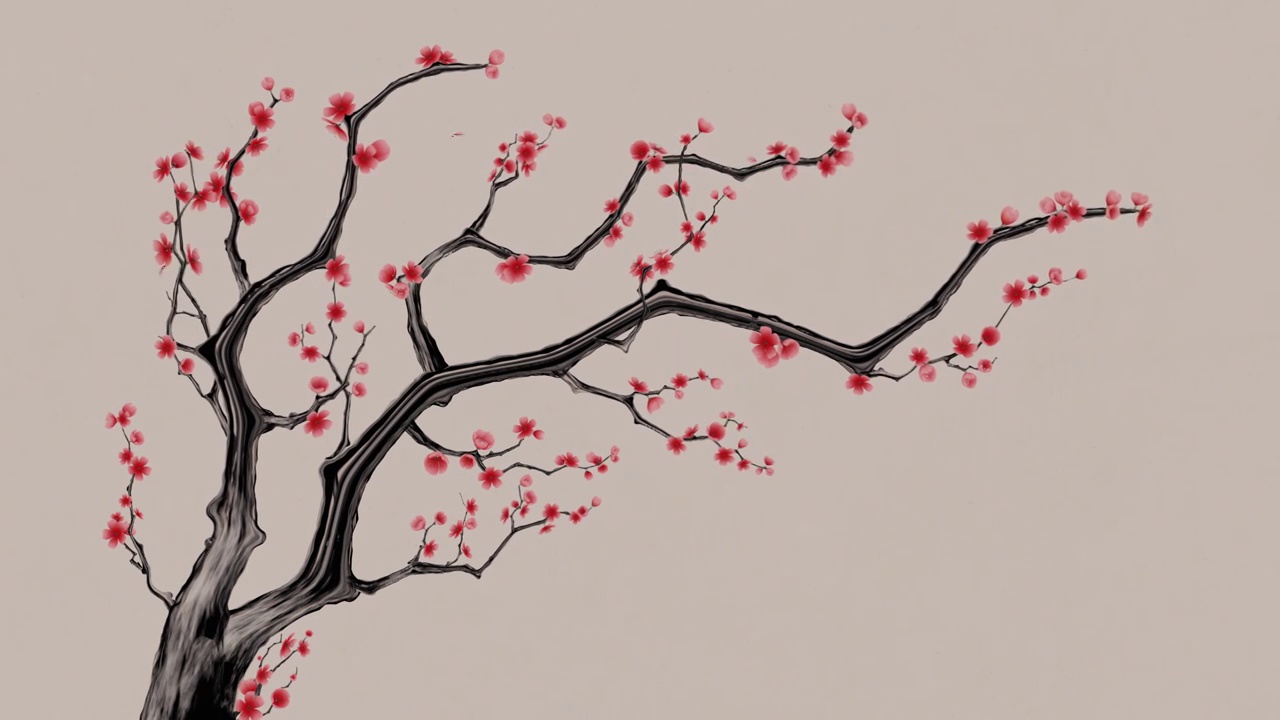 中国风水墨风格梅花与飘落的花瓣视频素材画面3
