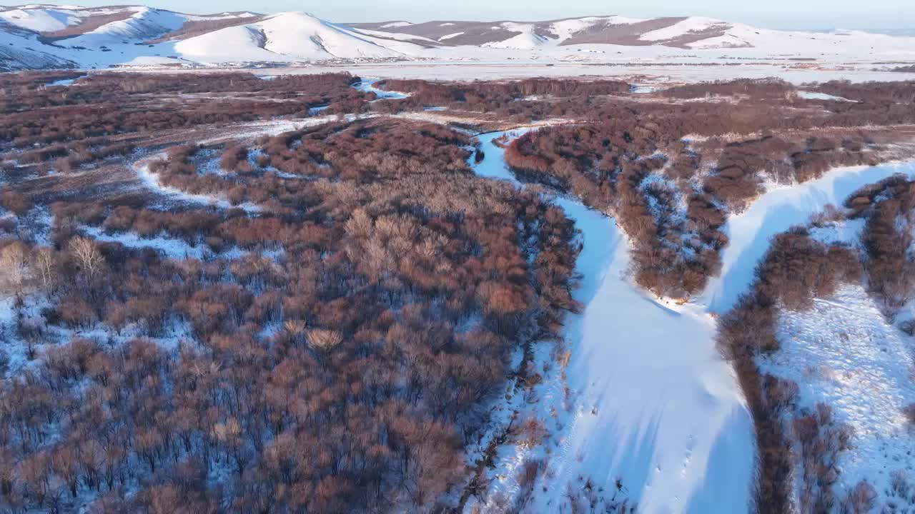 航拍呼伦贝尔雪原丛林河流视频素材