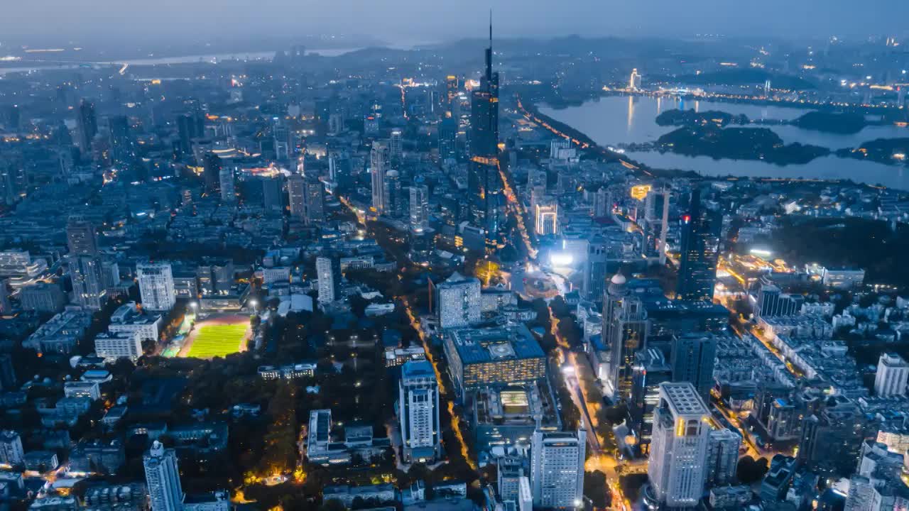 中国江苏南京紫峰大厦高视角夜景俯瞰航拍延时摄影视频素材