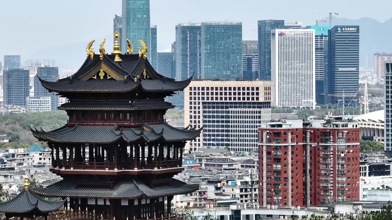 义乌市鸡鸣阁寺航拍寺庙古建筑视频下载