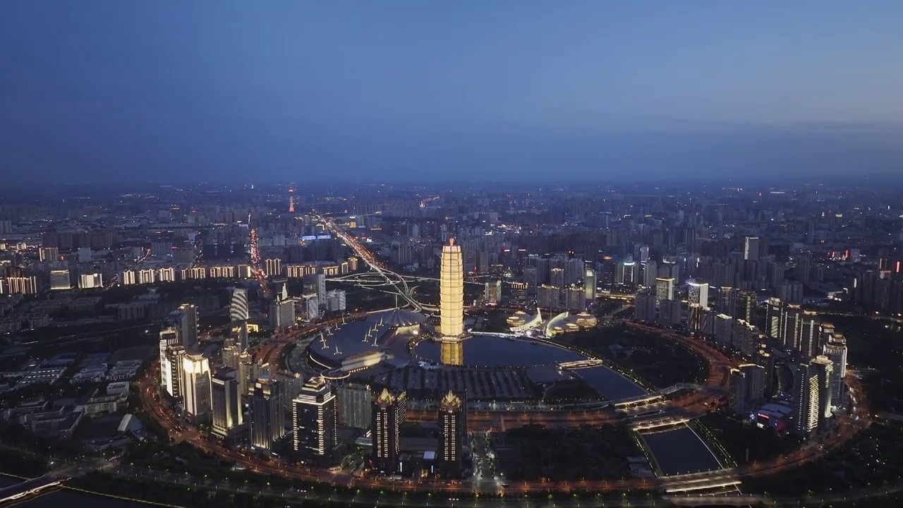 郑东新区CBD城市风光天际线夜景航拍视角视频素材