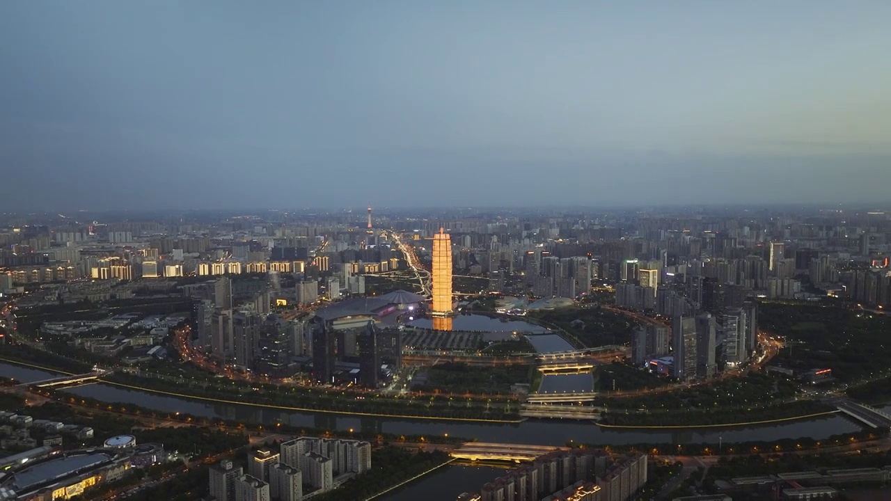 郑东新区CBD城市风光天际线夜景航拍视角视频素材