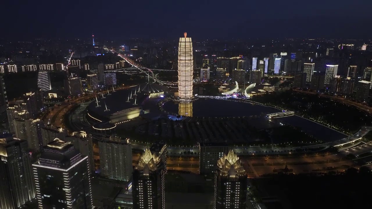 郑东新区CBD城市风光天际线夜景航拍视角视频素材