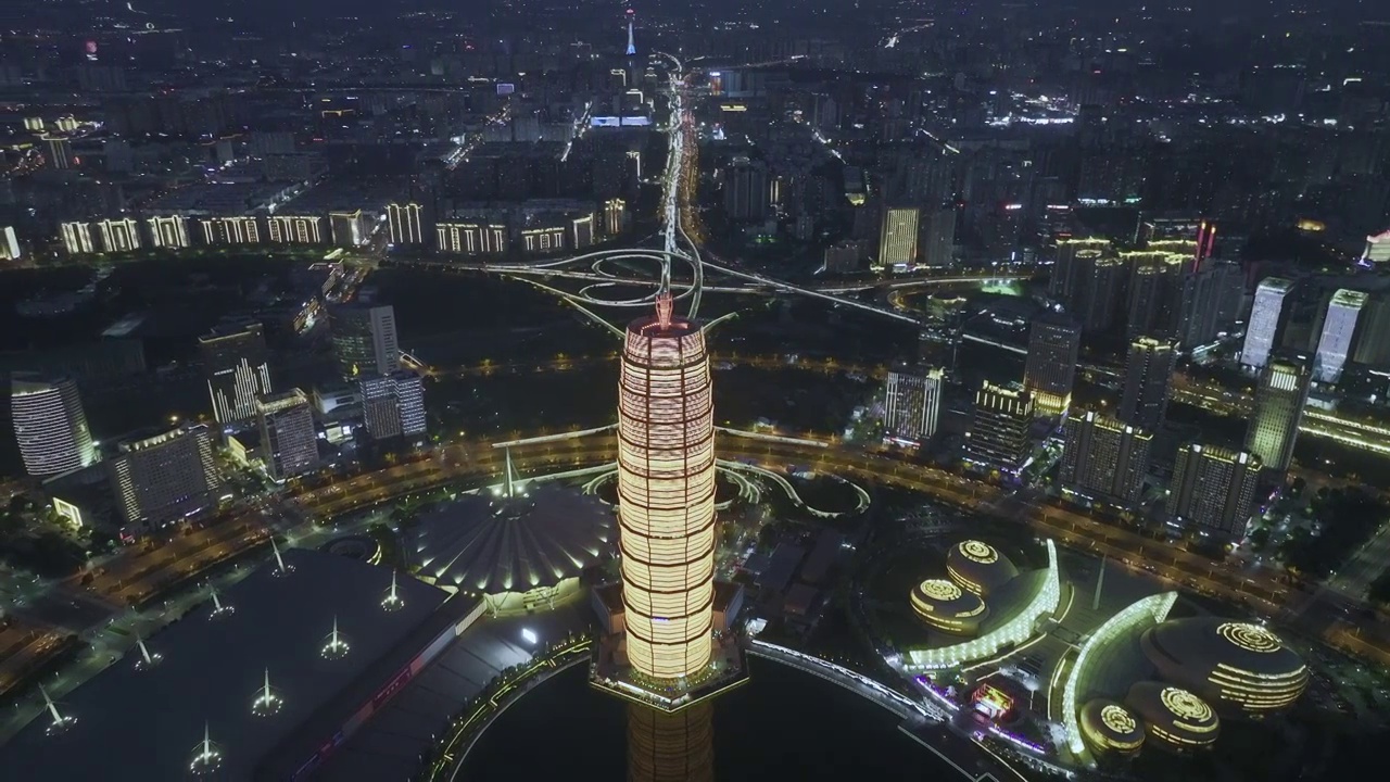 郑东新区CBD城市风光天际线夜景航拍视角视频素材