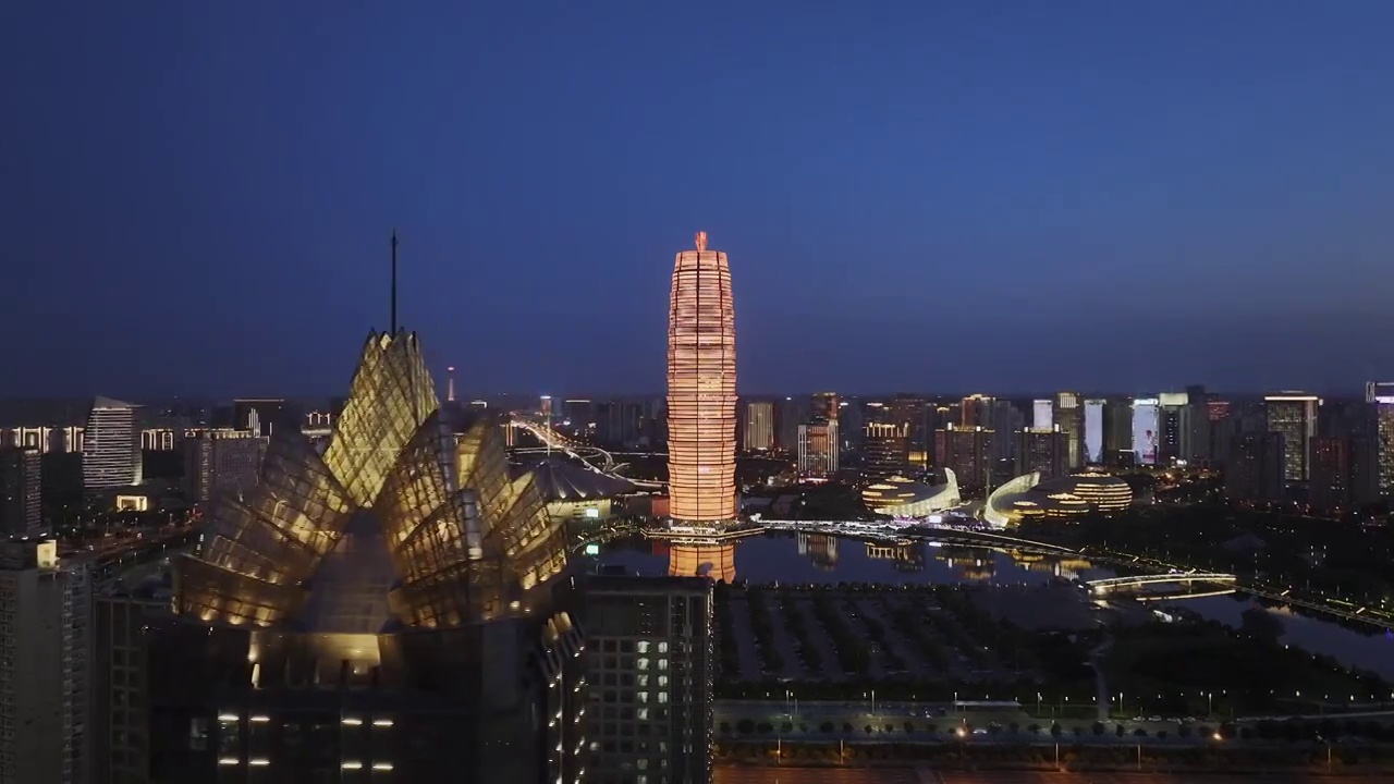 郑东新区CBD城市风光天际线夜景航拍视角视频素材