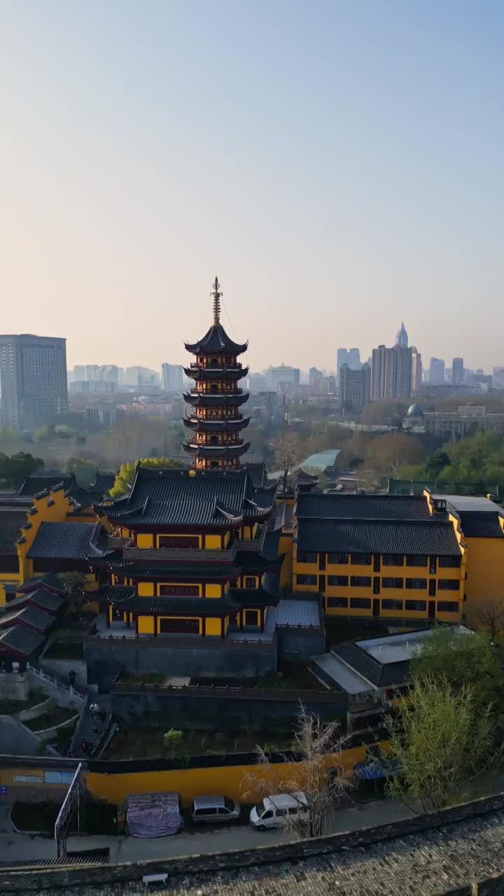 南京城市天际线航拍鸡鸣寺和紫峰大厦视频素材