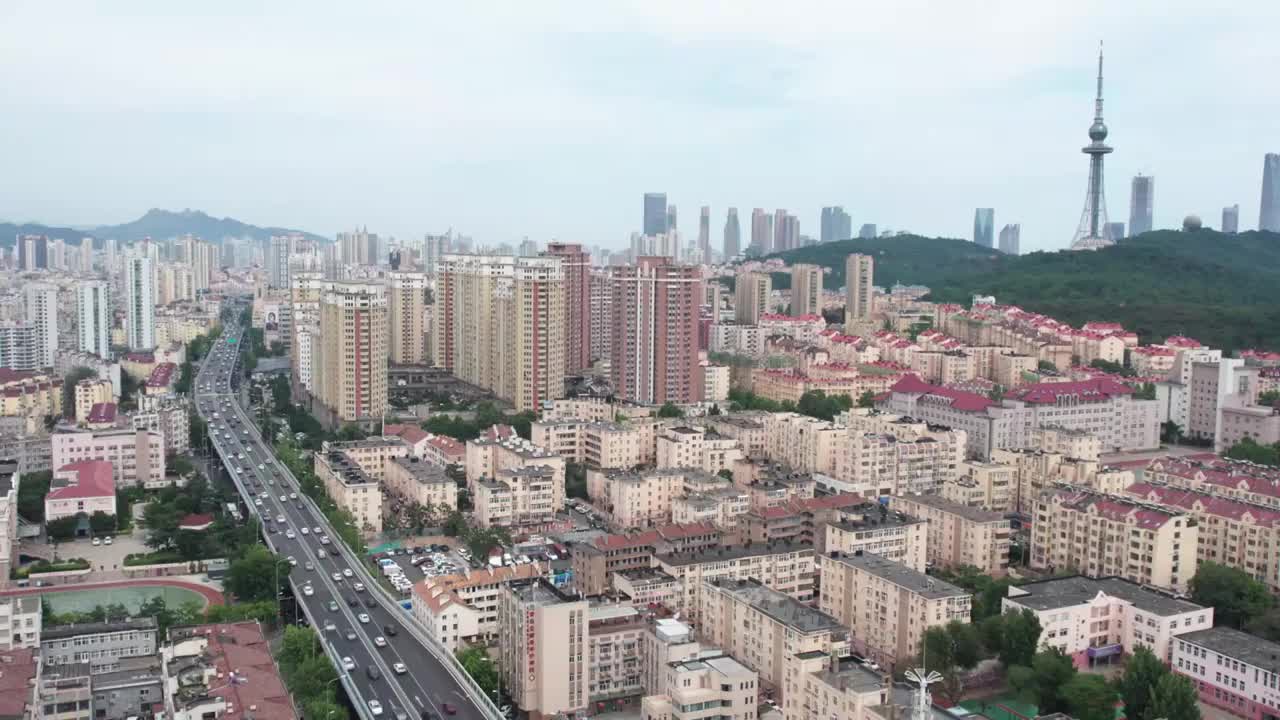 航拍中国青岛城市建筑景观天际线视频素材