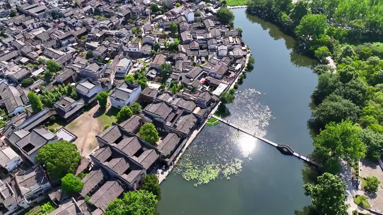 航拍中国传统水墨风安徽黟县宏村景区视频素材