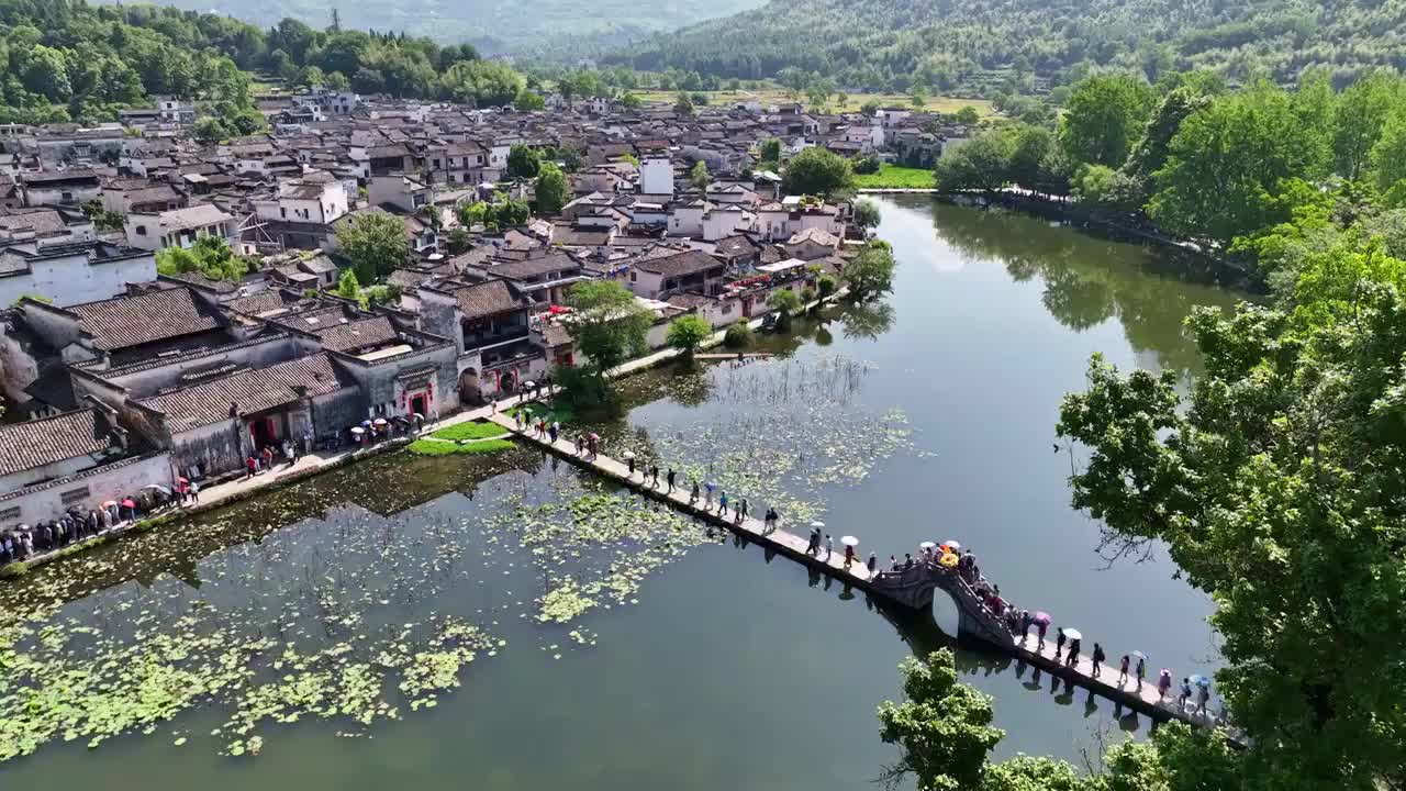 航拍中国传统水墨风安徽黟县宏村景区视频素材