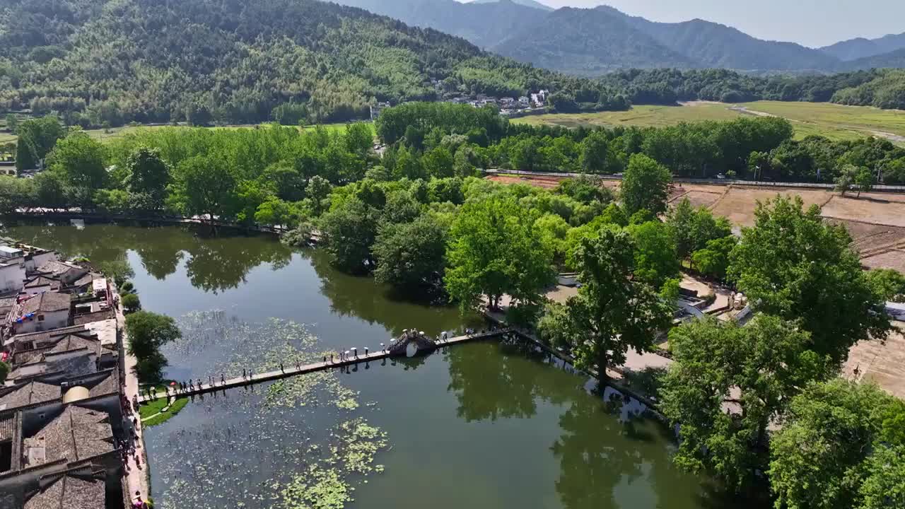 航拍中国传统水墨风安徽黟县宏村景区视频素材