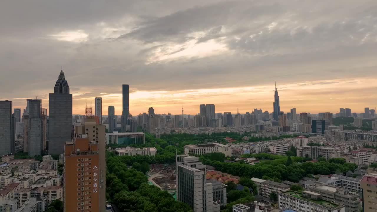 【18镜头合集】航拍南京新街口日落晚霞火烧云夜景视频素材