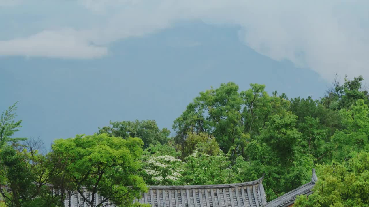 古城夏天雨季云雾缭绕山峰遮盖雪山之巅风云变幻阴天下雨原始森林翠绿神秘清晨雾气弥漫云海仙境梦境般美丽视频素材