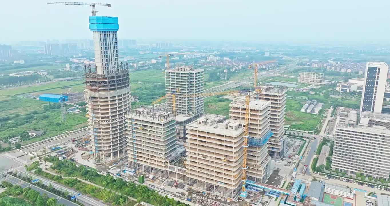 夏季航拍中国浙江城市建筑工地景观视频素材