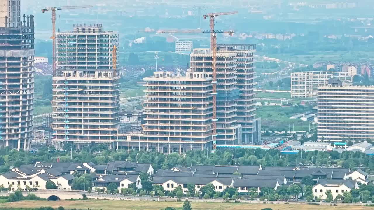 夏季航拍中国浙江城市建筑工地景观视频素材