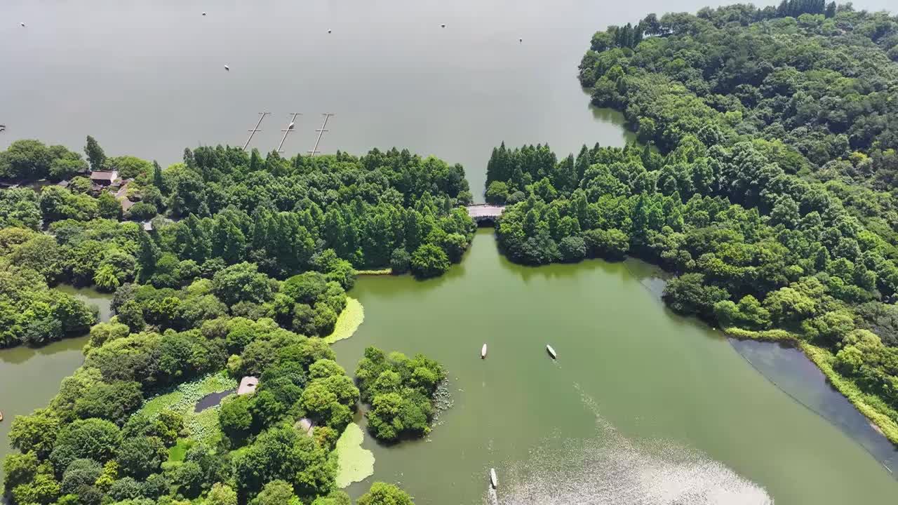 航拍杭州西湖名胜风景区茅家埠视频素材