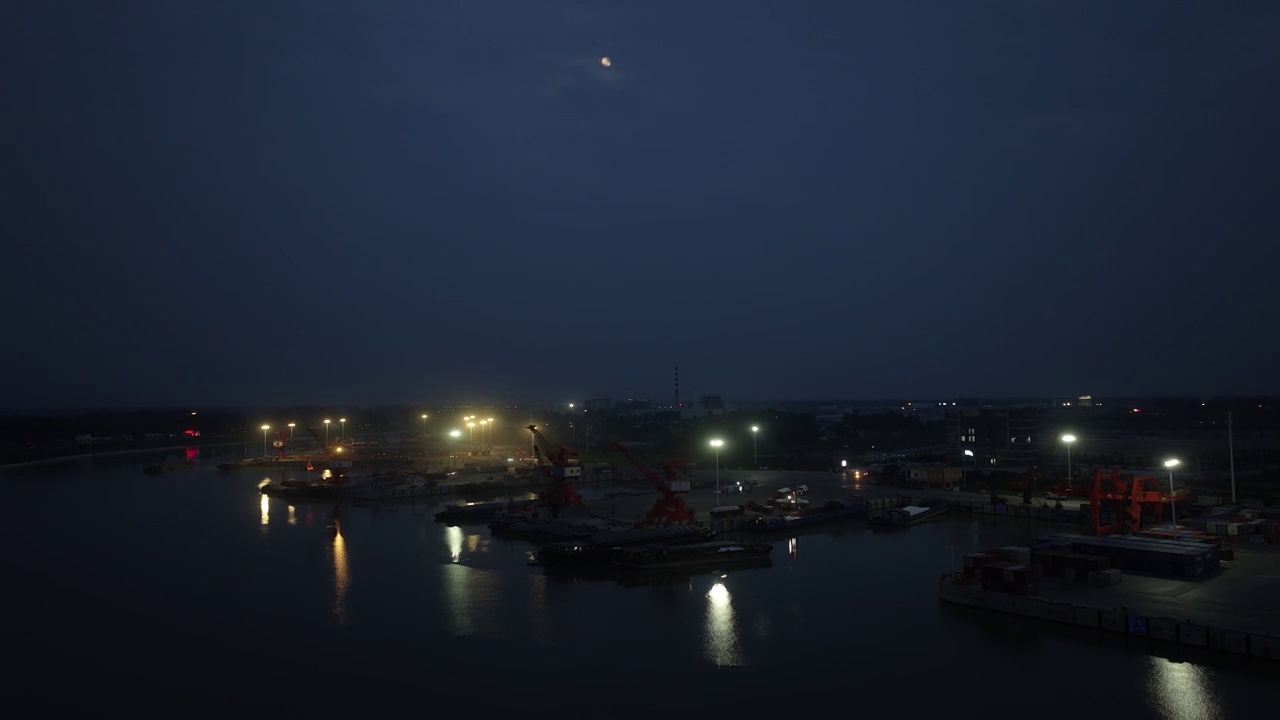 低空航拍周口中心港码头蓝调时刻夜景大场景视频素材