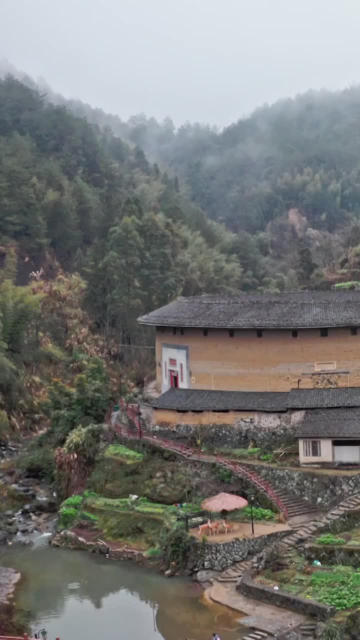 土楼群，初溪土楼群，福建土楼，航拍文化遗产，圆形与方型的建筑视频素材