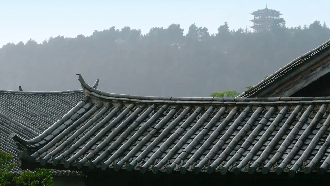 下雨天滂沱大雨雨水从古代建筑古典风格水珠沾满树叶古城里湿漉漉亭台楼阁被滂沱大雨冲刷出中华古典文化气息视频素材