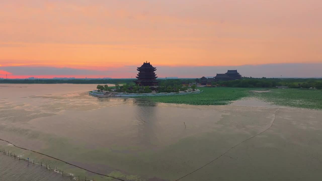 苏州园区阳澄湖半岛重元寺日落晚霞风景视频素材