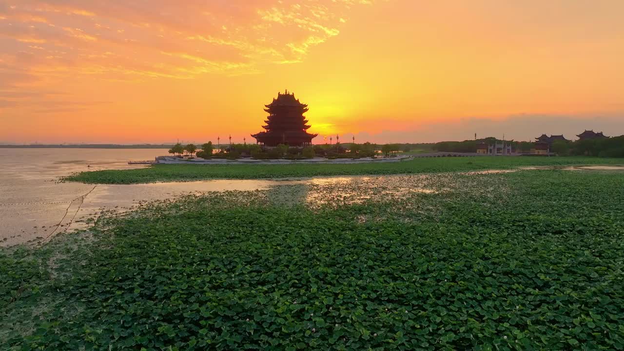 苏州园区阳澄湖半岛重元寺日落晚霞风景视频素材