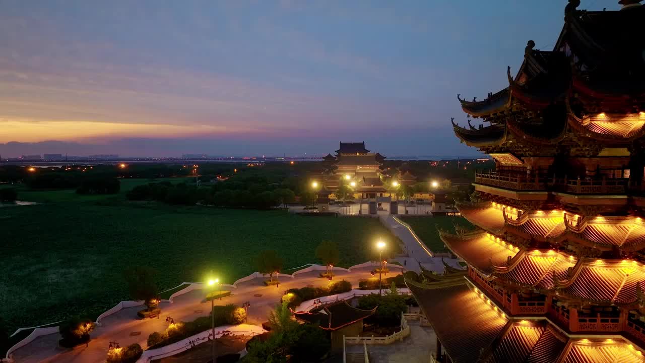 苏州园区阳澄湖半岛重元寺日落晚霞风景视频素材