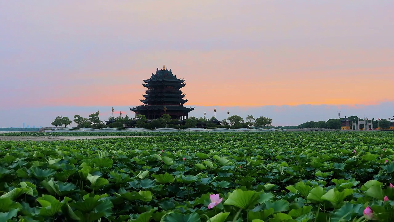 苏州园区阳澄湖半岛重元寺日落晚霞风景视频素材