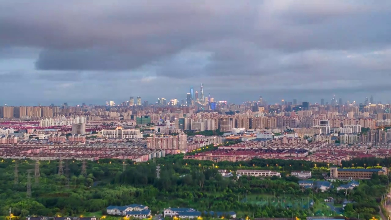 航拍上海城市全景乌云压城延时摄影视频素材