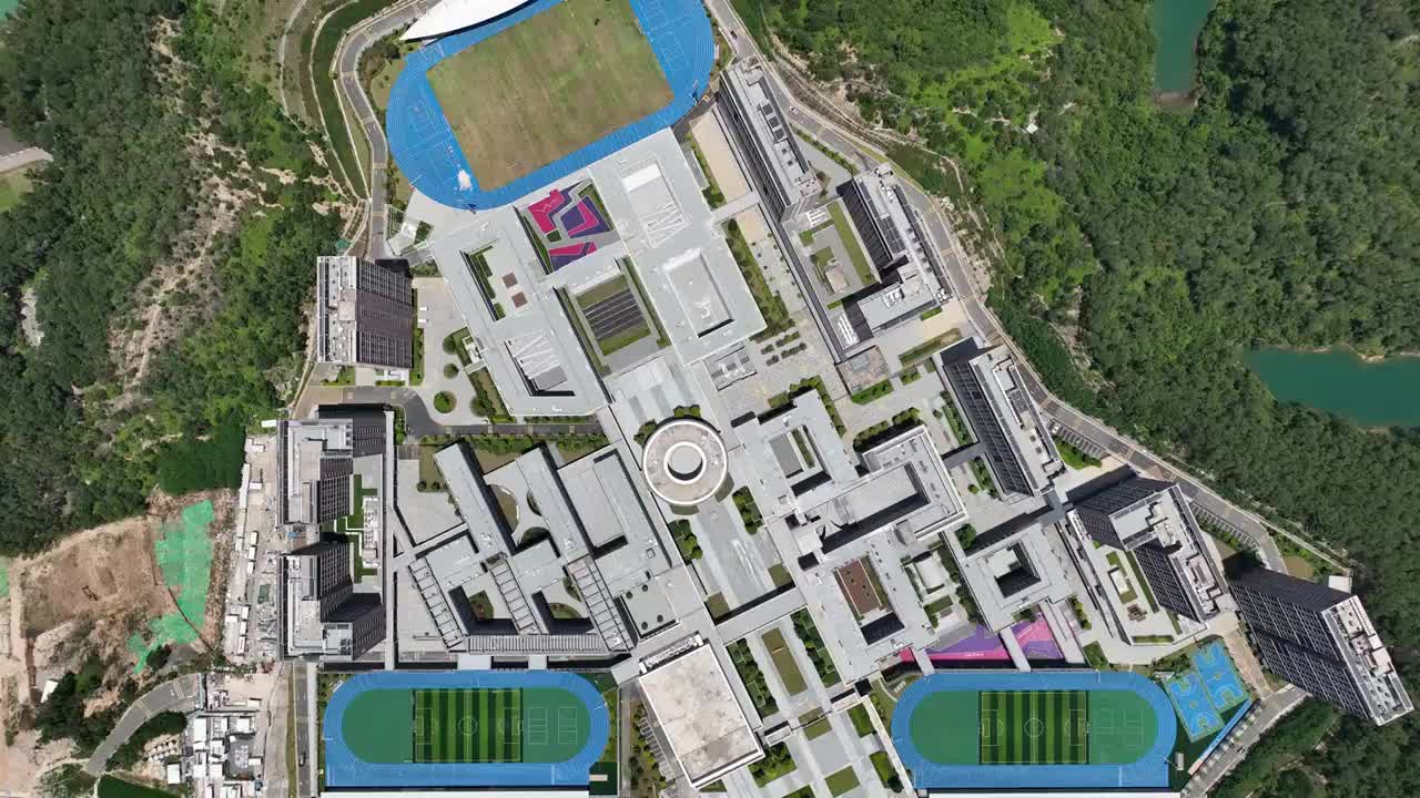 广东省深圳市龙岗区黄竹坑水库深圳市高级中学高中园航拍视频素材