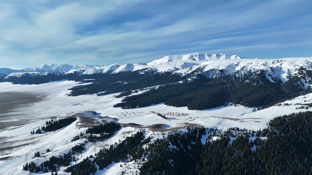 航拍冬季赛里木湖雪山森林风光视频素材