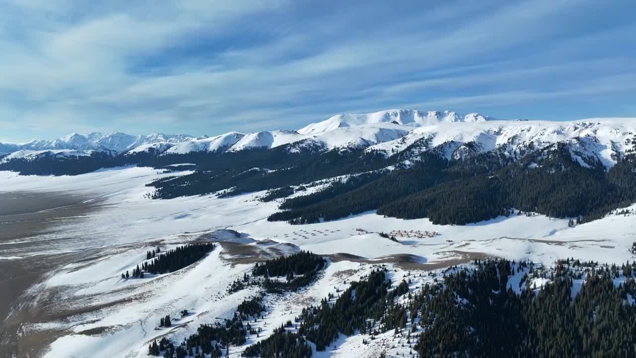 航拍冬季赛里木湖雪山森林风光视频素材