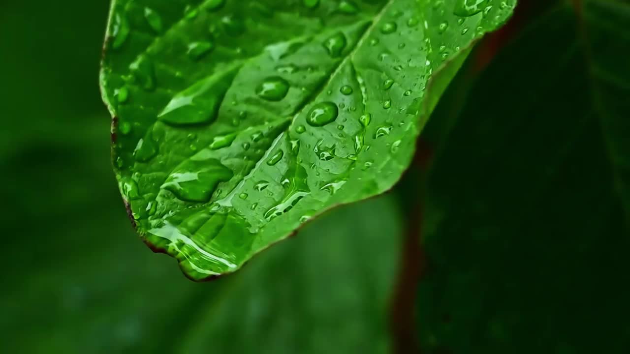 夏天下雨中绿色树叶上的雨滴水滴视频素材