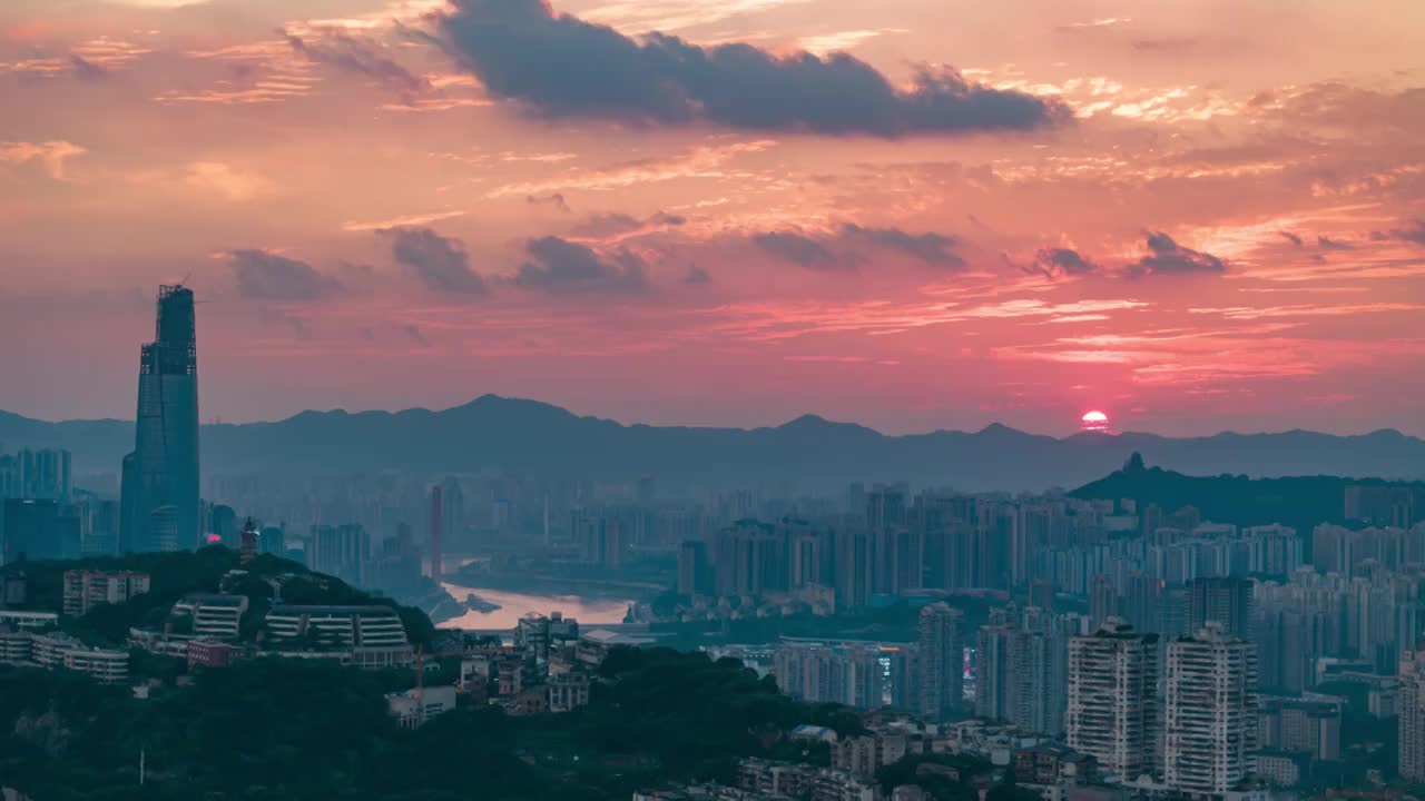 航拍重庆晚霞落日都市风光延迟视频素材