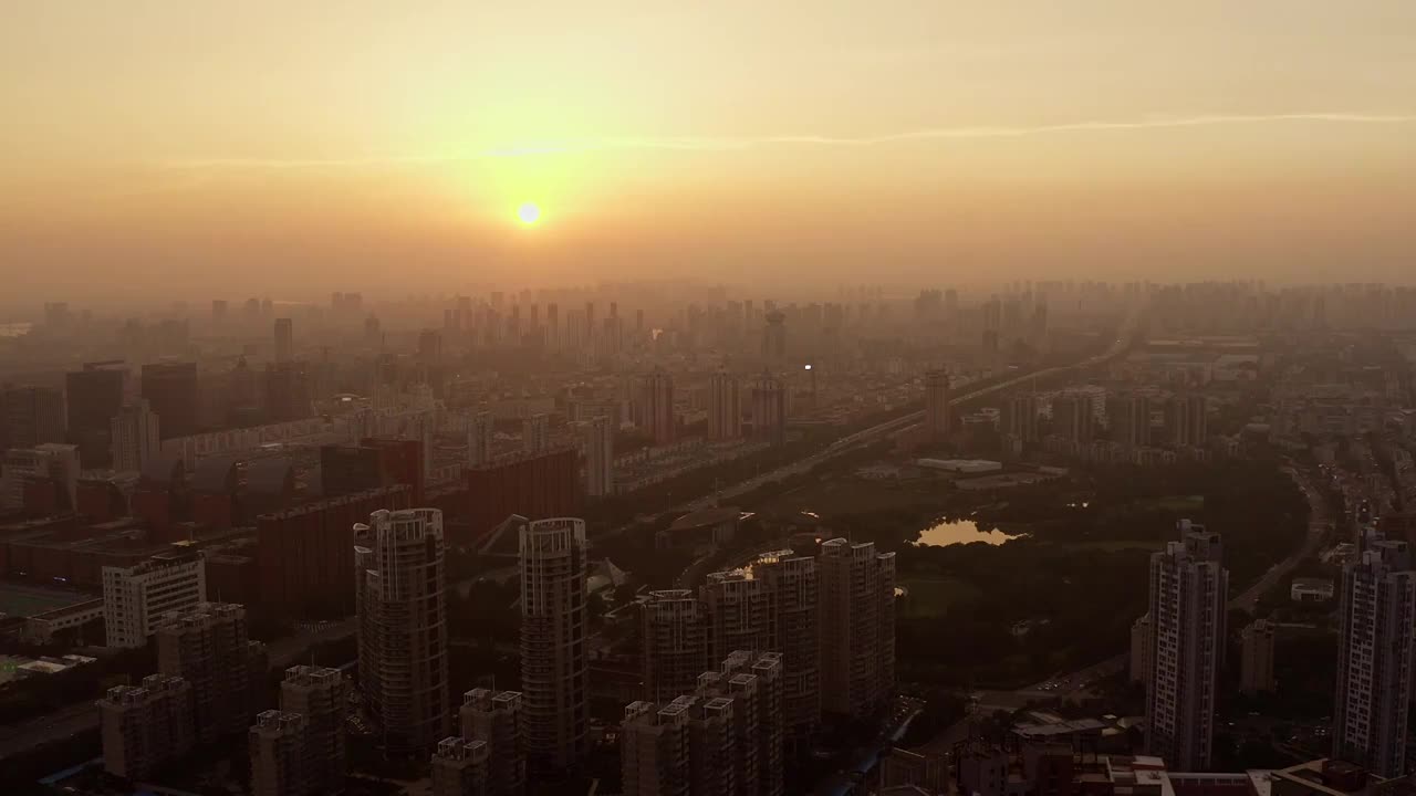 天津开发区日落夕阳航拍视频素材