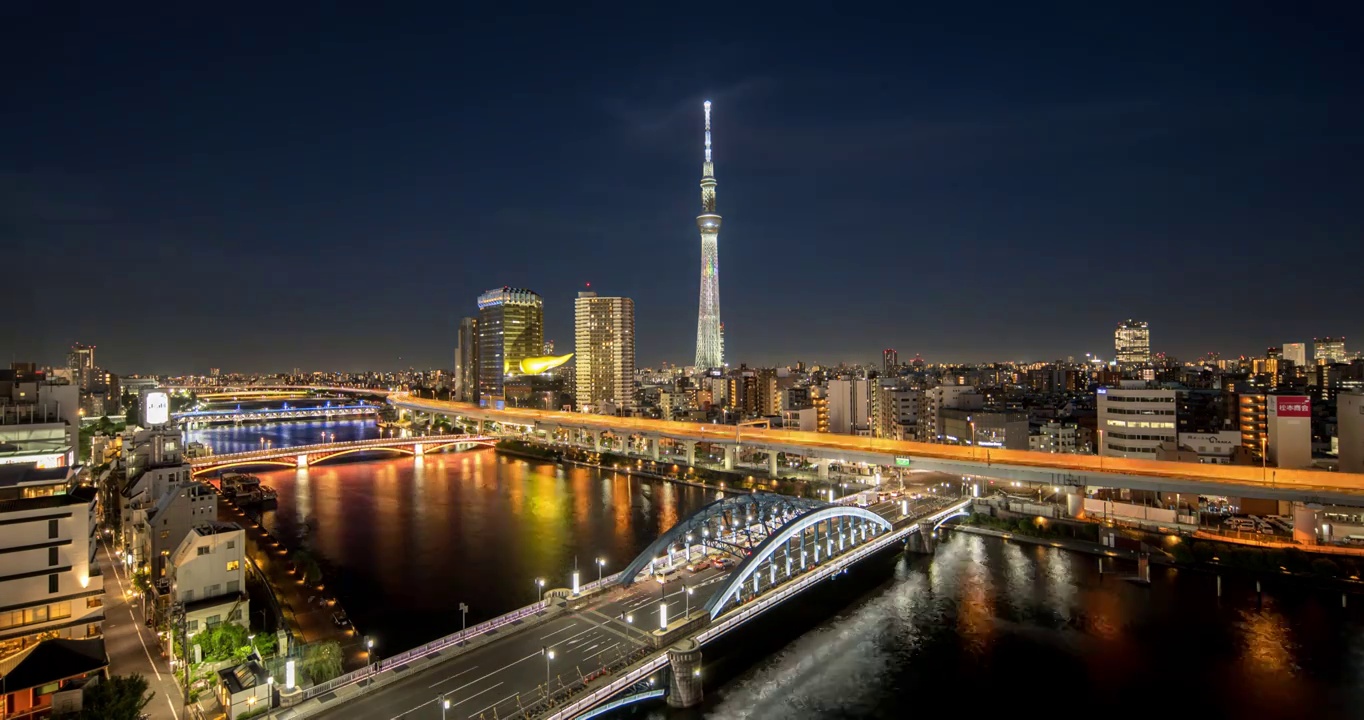 日本东京晴空塔夕阳夜景延时视频下载