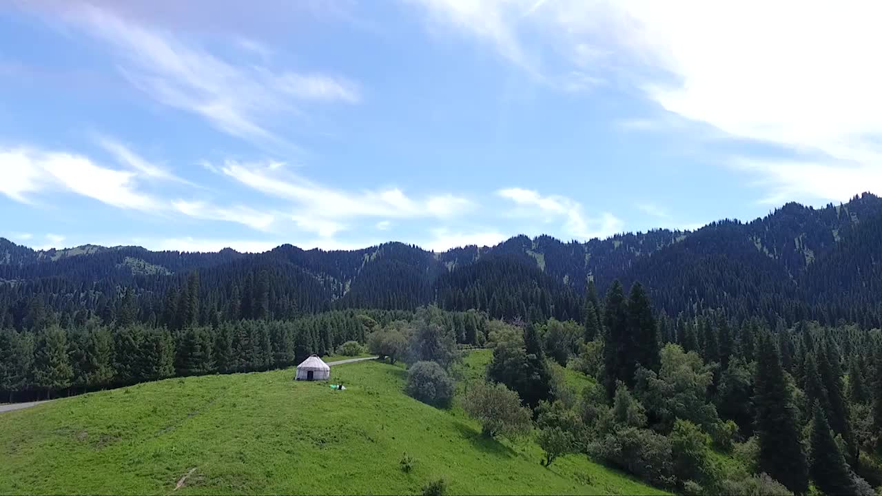 那拉提草原山顶树林和蒙古包视频素材