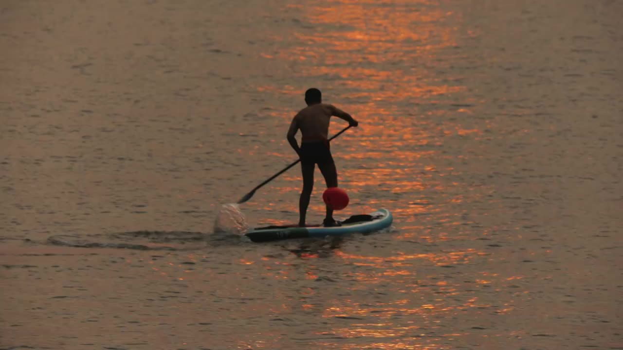 一个男人浆板运动在金色的夕阳下波光粼粼的水面上滑动失焦视频素材