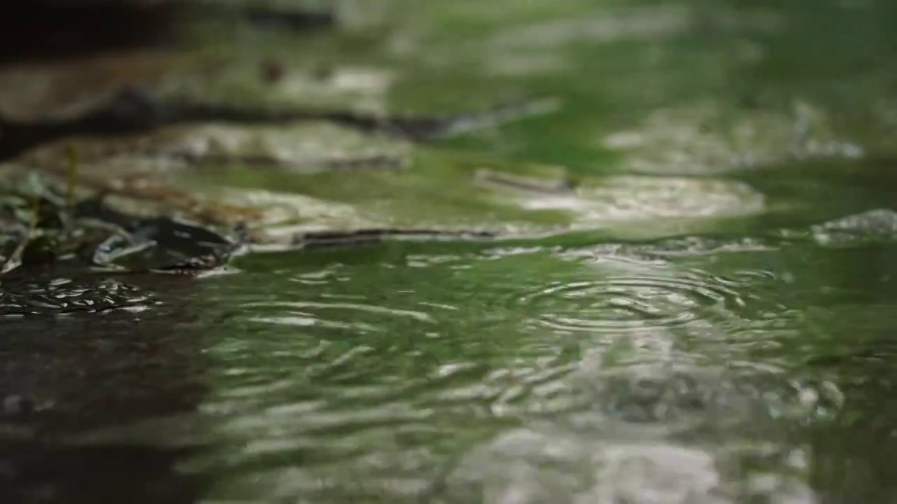 下雨天雨水雨滴落在积水的路面上视频素材