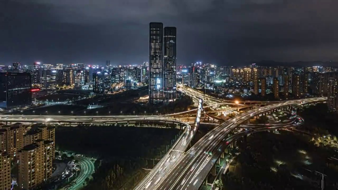 4K航拍杭州滨江区夜景延时视频素材