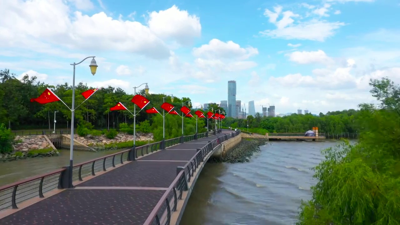 国庆节航拍深圳市深圳湾公园健身跑道，骑行，健身视频素材