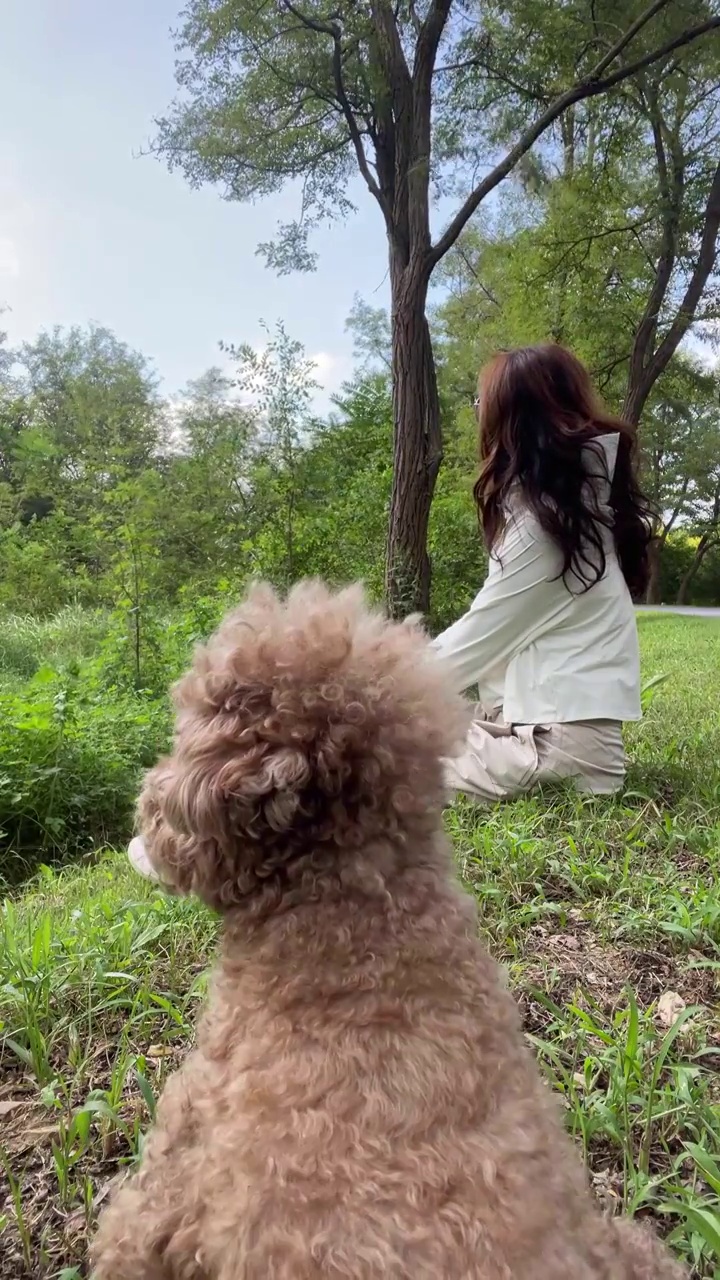 一个点穿防晒服的女人和泰迪犬坐在林间草地上视频素材