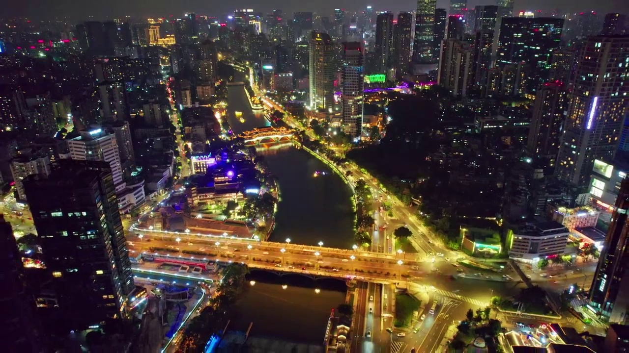 成都九眼桥安顺廊桥府南河夜景航拍实时视频素材