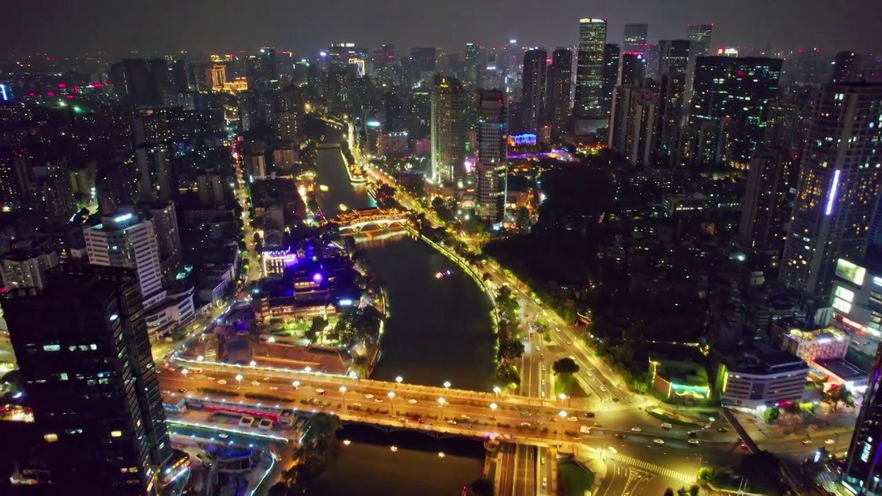 成都九眼桥安顺廊桥府南河夜景航拍实时视频素材