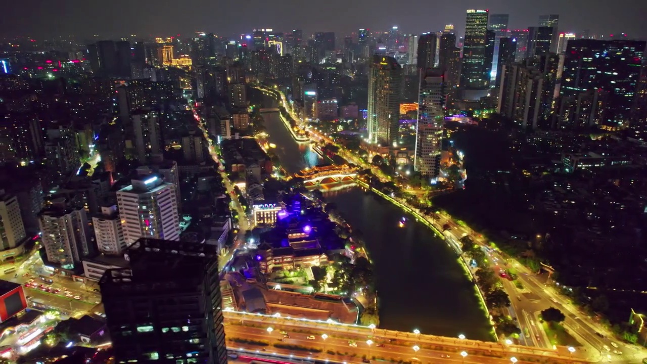 成都九眼桥安顺廊桥府南河夜景航拍实时视频素材