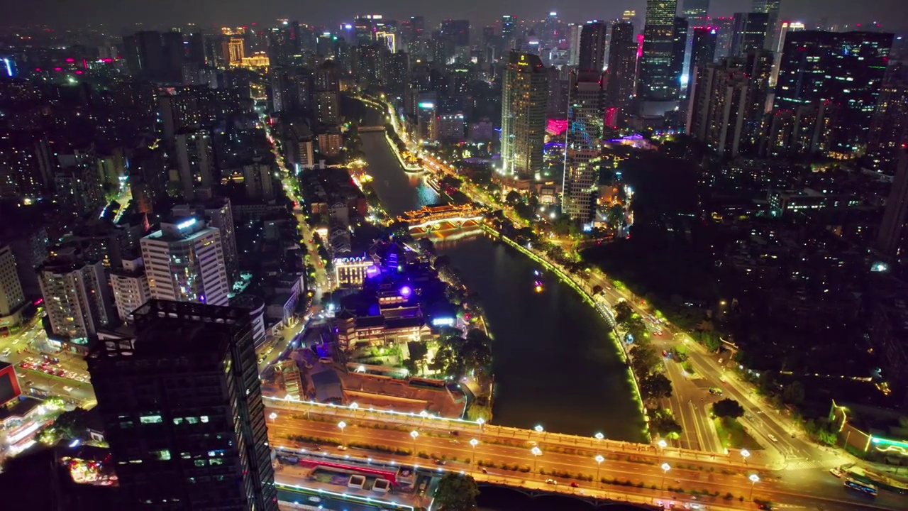 成都九眼桥安顺廊桥府南河夜景航拍实时视频素材